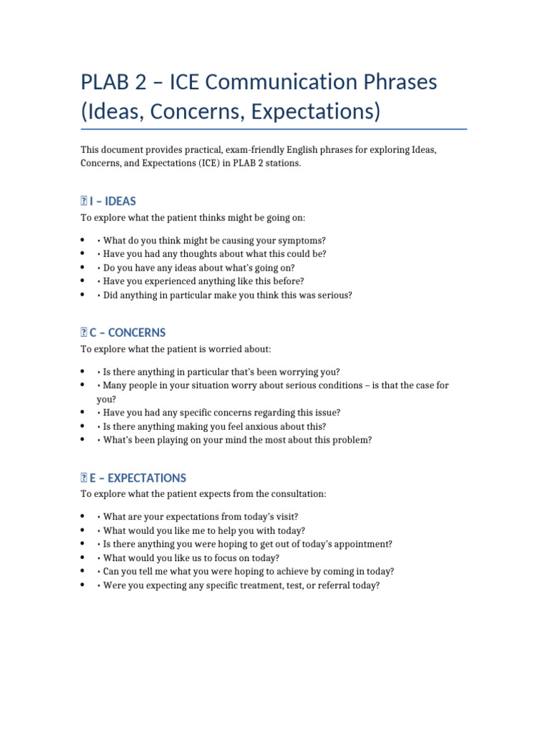 PLAB2 ICE Communication Phrases | PDF