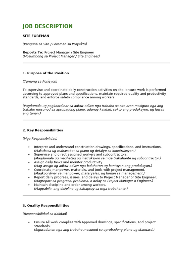 Job Description Foreman | PDF