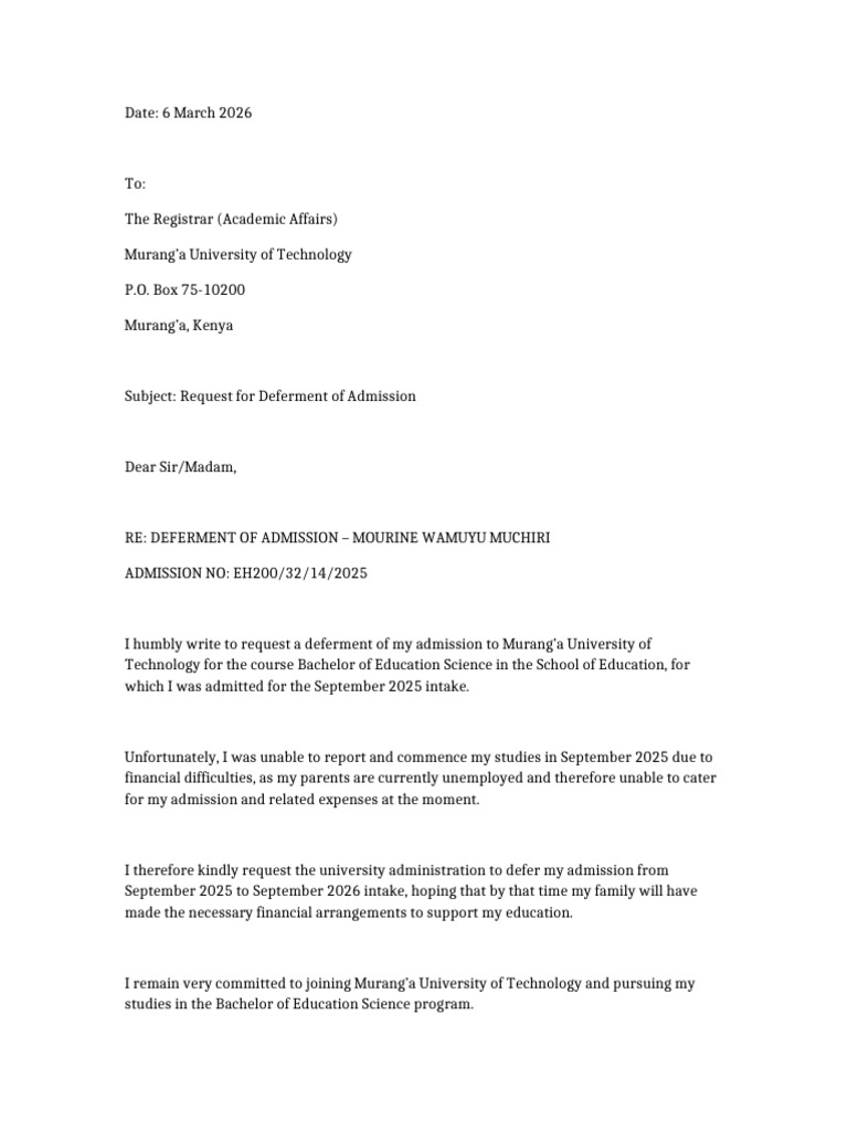 Deferment Letter Mourine Wamuyu Muchiri | PDF