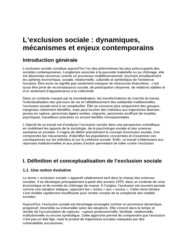 Mémoire Exclusion SOCIALE | PDF | Exclusion sociale | Trouble mental