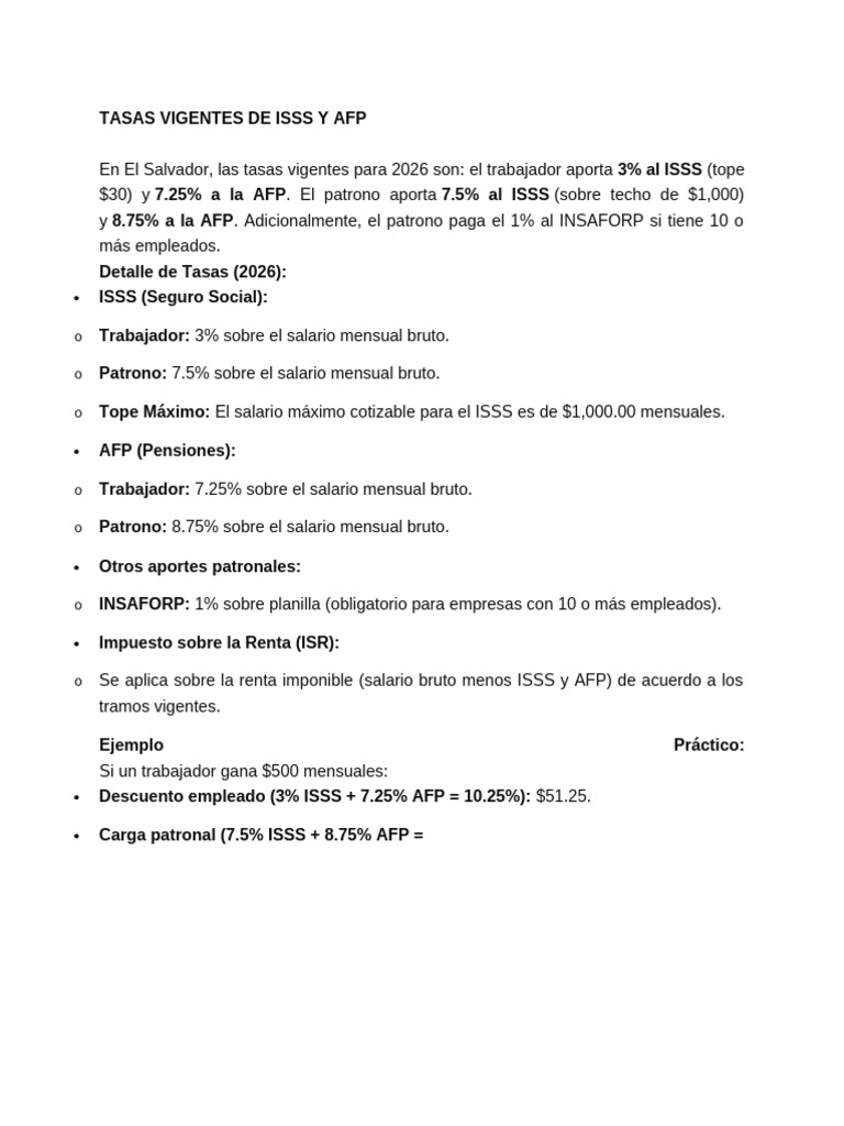Tasas Vigentes de Isss y Afp | PDF