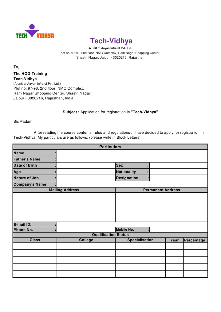 Tech-Vidhya Registration Application Form | PDF | Career & Growth ...