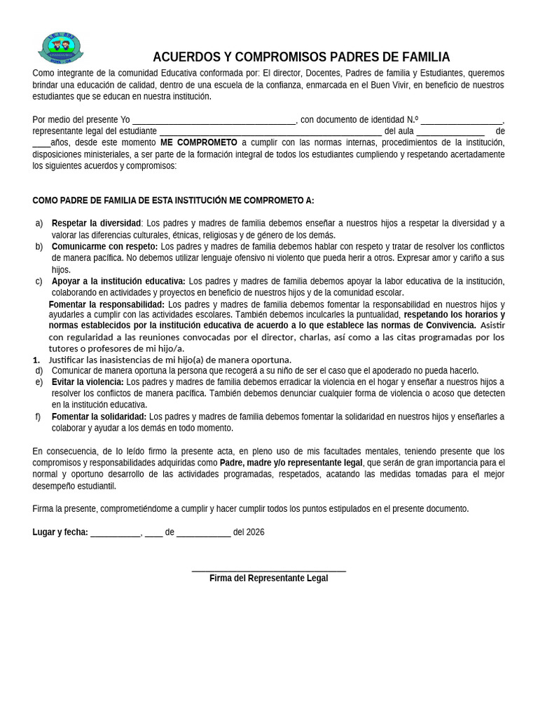 Acuerdos y Compromisos Padres de Familia-2026 | PDF | Escuelas ...