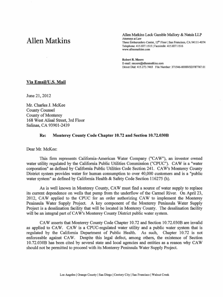 CAW's Legal Challenge to Monterey Code | PDF | Water Supply | California