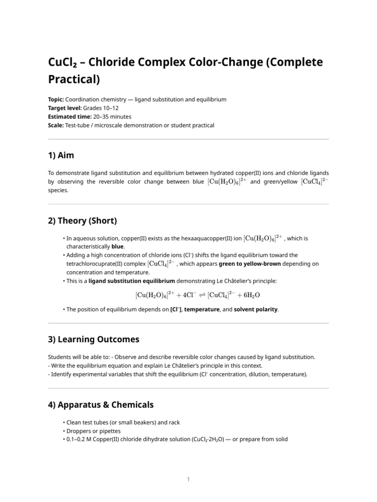 Cu Cl2 - Chloride Complex Color Change (Complete School Lab Practical ...
