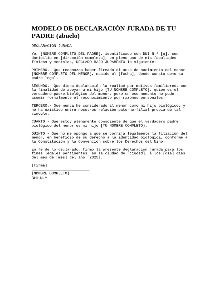 Modelo de Declaración Jurada | PDF | Documento de identidad | Padre