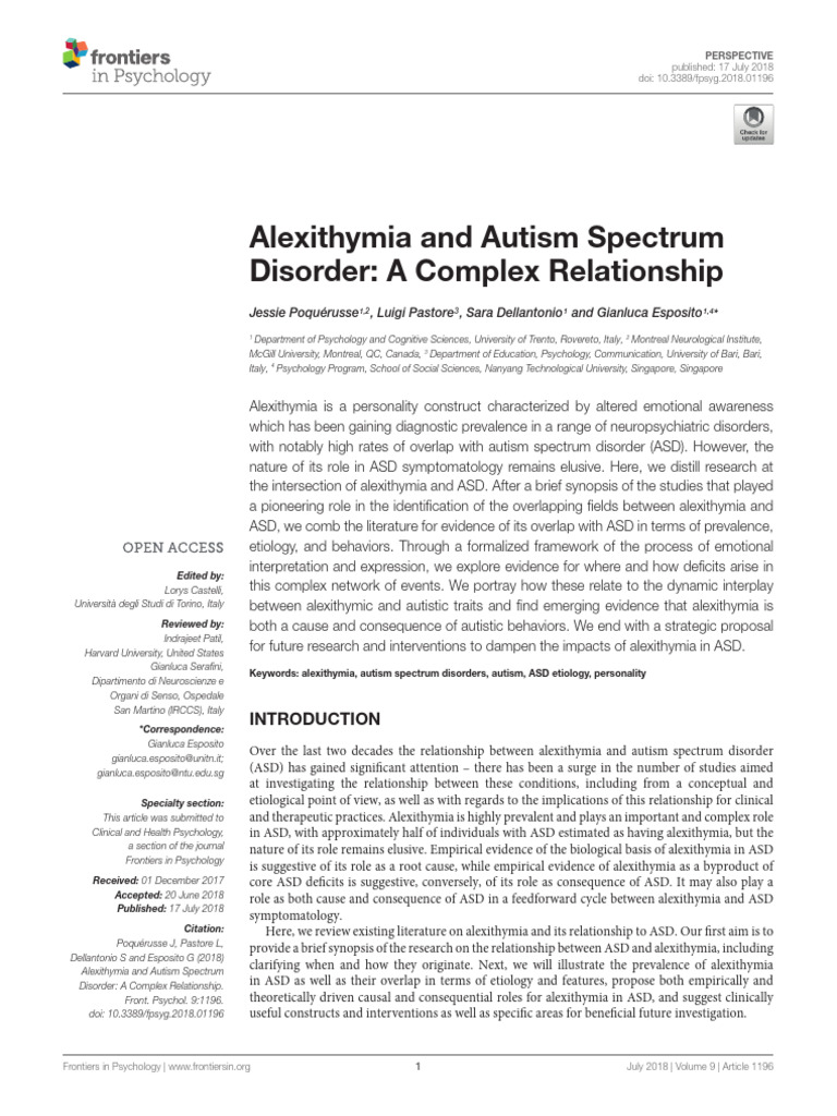 Alexithymia and Autism Spectrum Disorder - A Complex Relationship | PDF ...
