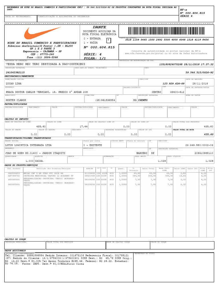 NFe 151861198456 Pagina 1 de 1 PDF | PDF | Business