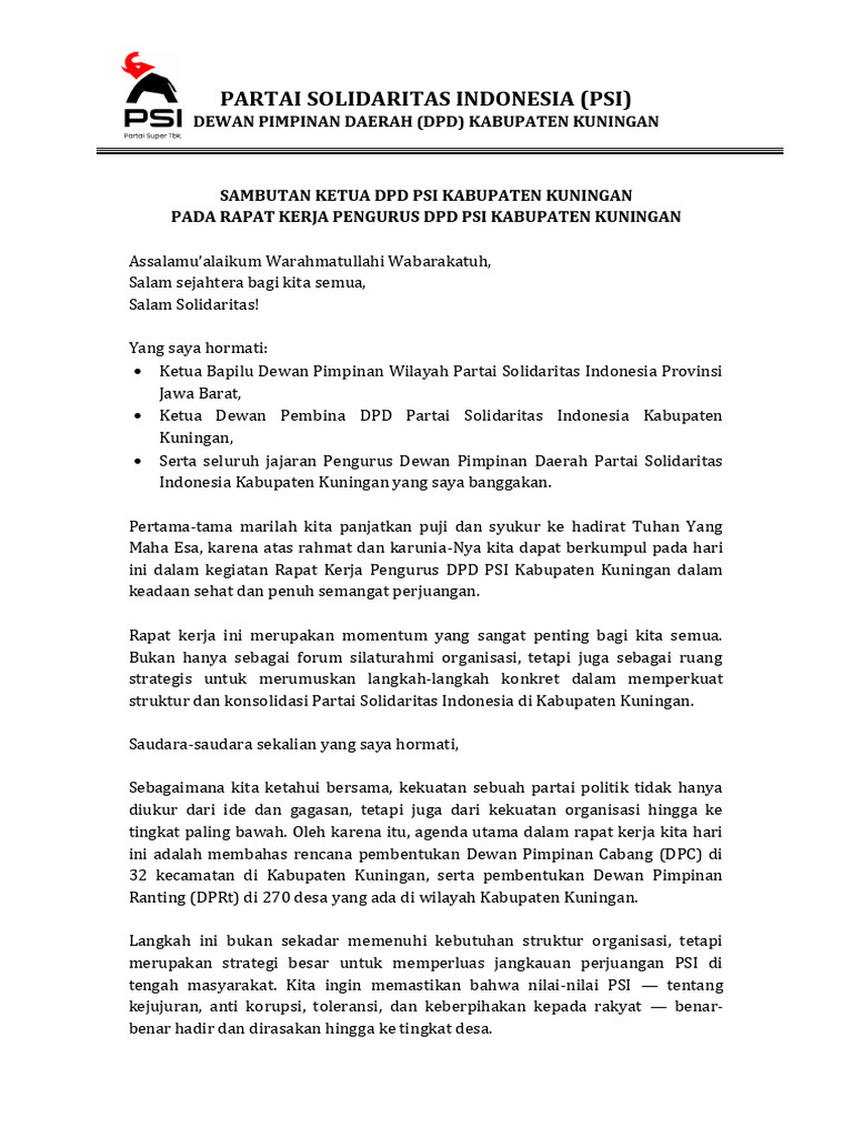 Sambutan Ketua DPD Partai Psi | PDF