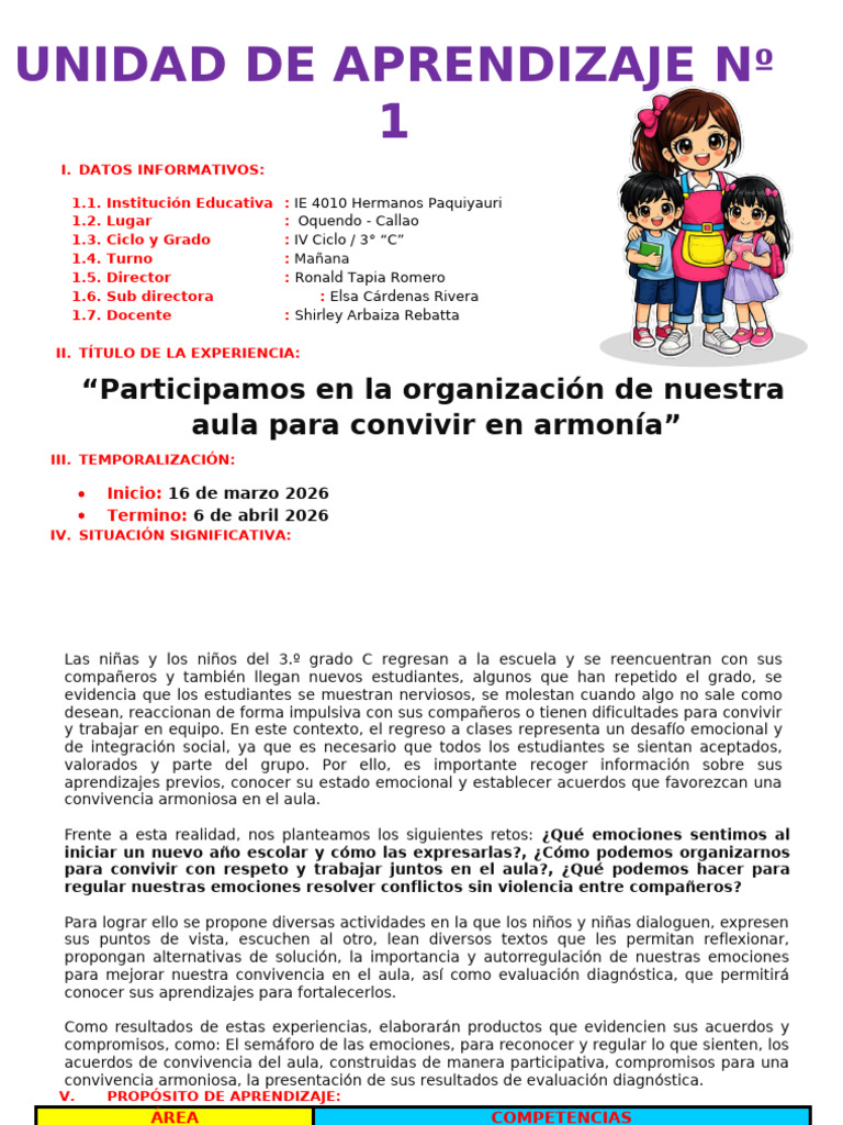 Unidad de Aprendizaje #1-3 Grado Maestra Janet | PDF | Las emociones ...