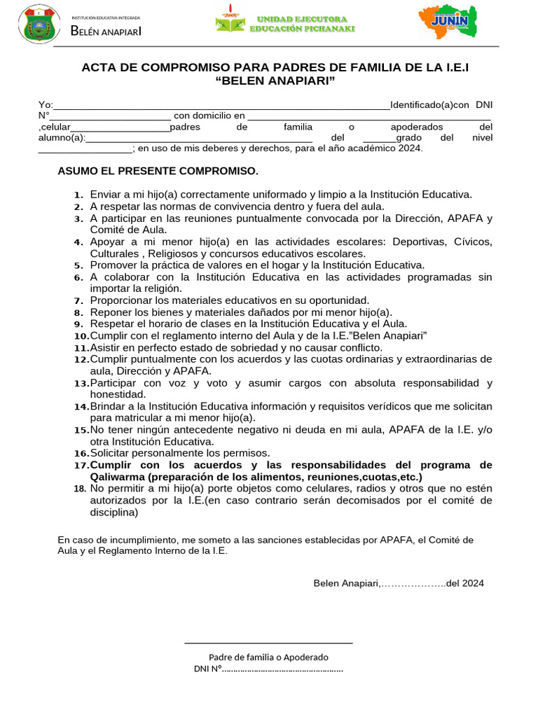 Acta de Compromiso para Padres de Familia de La I | PDF