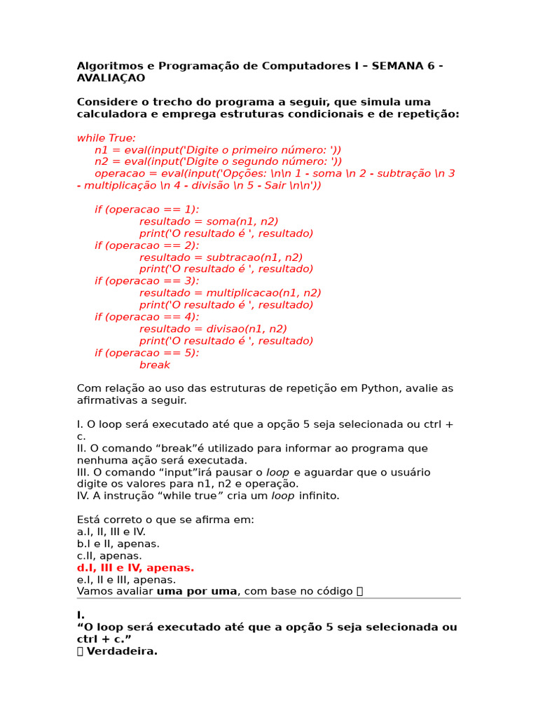 Algoritmos e Programação de Computadores I - SEMANA 6 - AVALIAÇAO | PDF