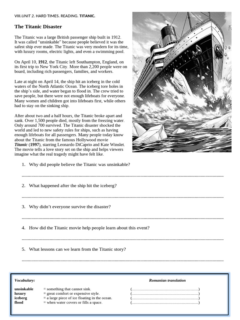 Reading Comprehension 2.the Titanic Disaster. | PDF | Ships | Water ...
