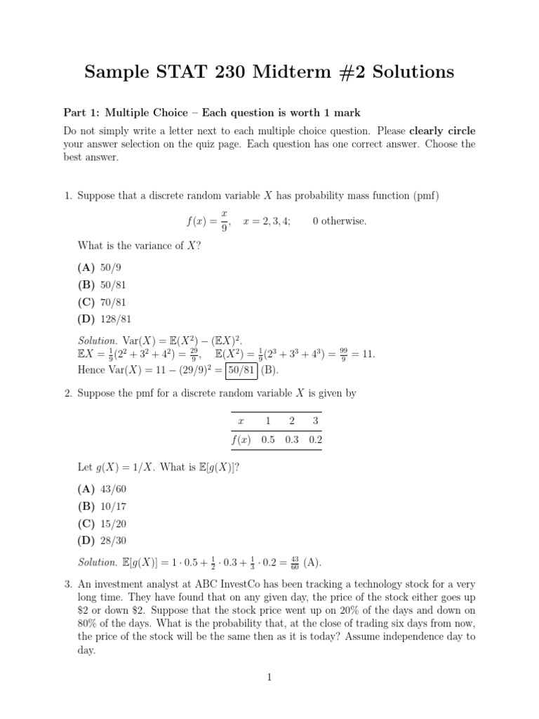 Sample Midterm 2 v1 - Solutions | PDF | Variance | Discrete Mathematics