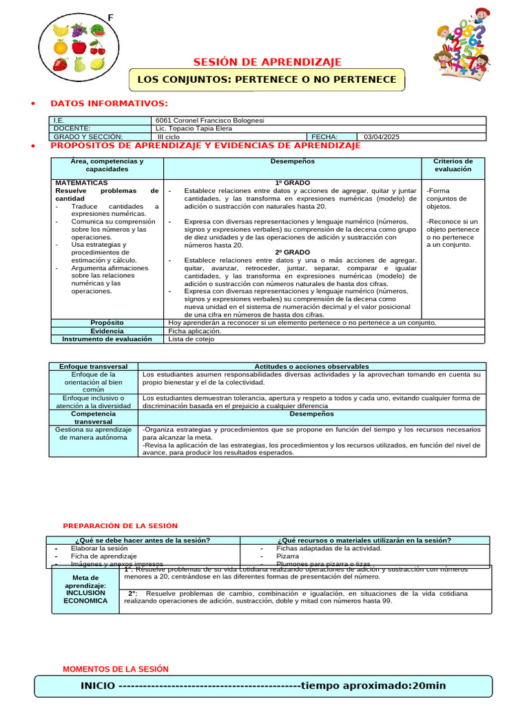 U1 s1 Sesion d4 Mat Los Conjuntos Pertenece o No Pertenece | PDF ...