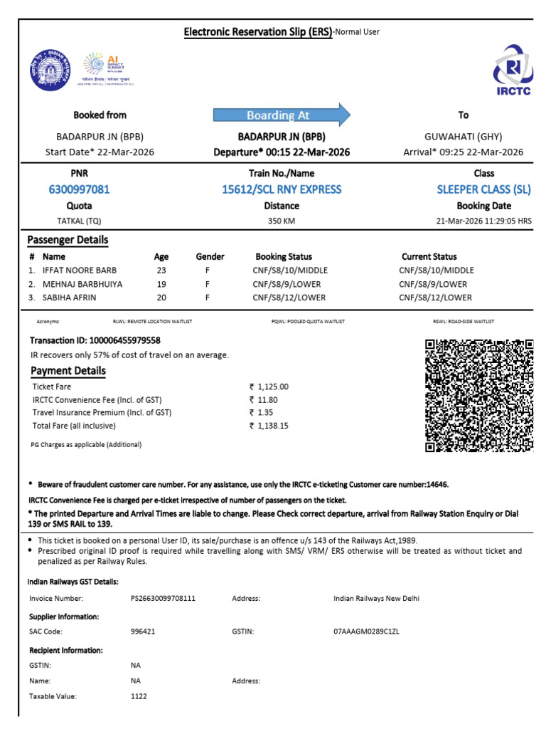 15612/Scl Rny Express Sleeper Class (SL) | PDF | Identity Document