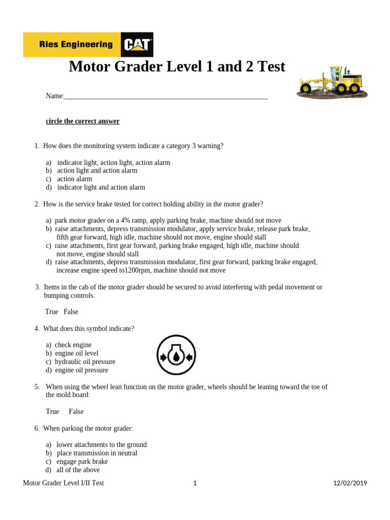 Motor Grader Level I&II Test | PDF | Brake | Machines