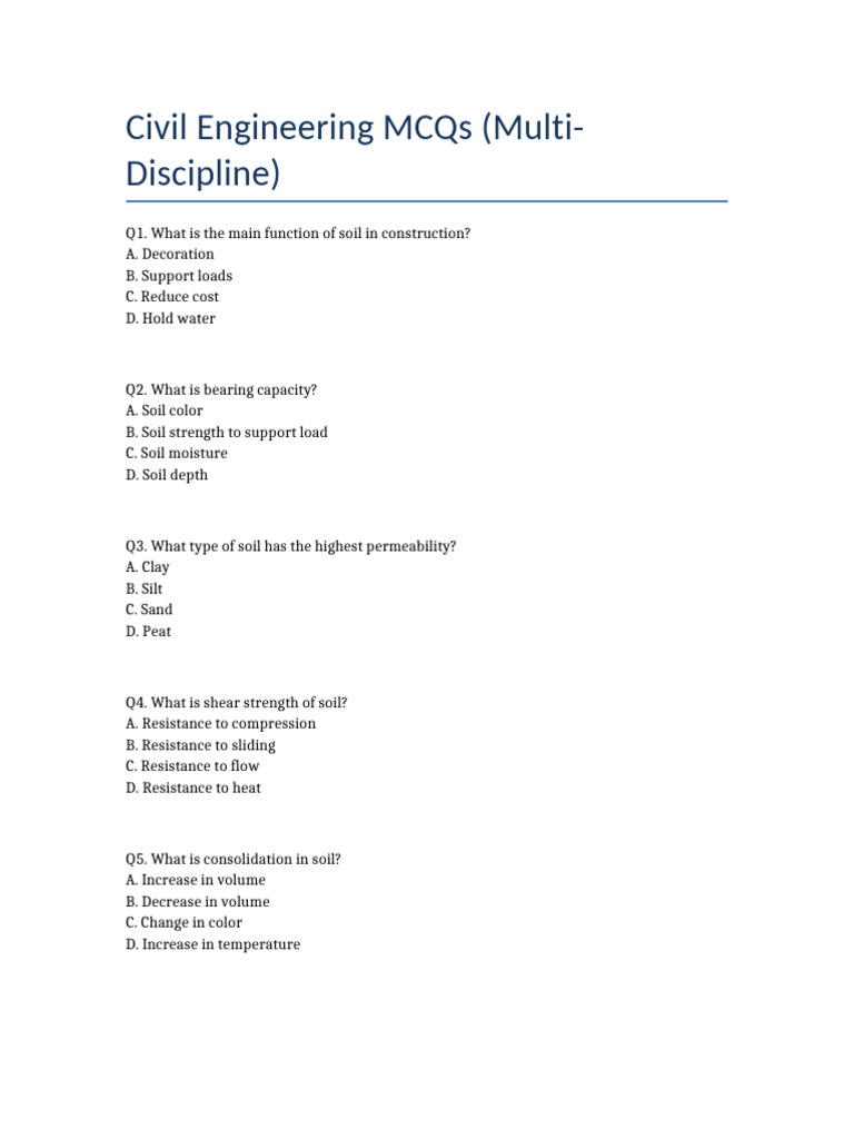 Civil Engineering MCQ Questions | PDF | Road Surface | Soil