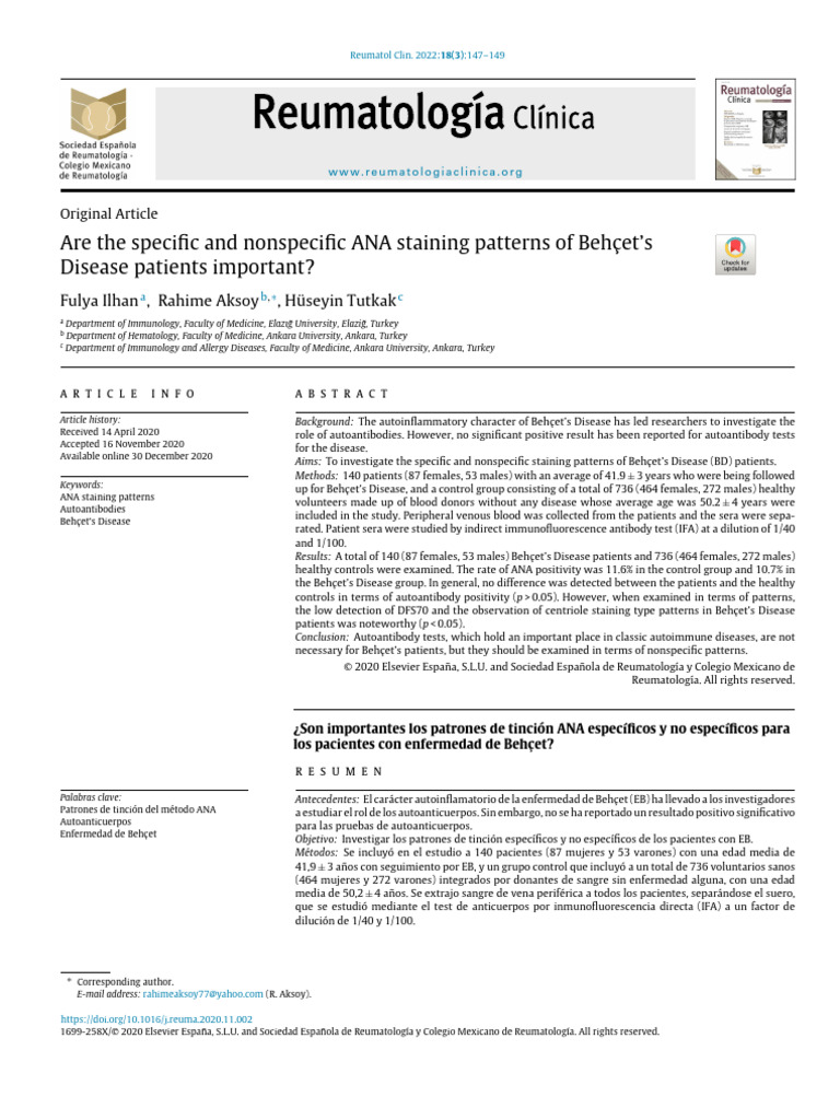 Are The Specific and Nonspecific ANA Staining Patterns of Behc Et's ...