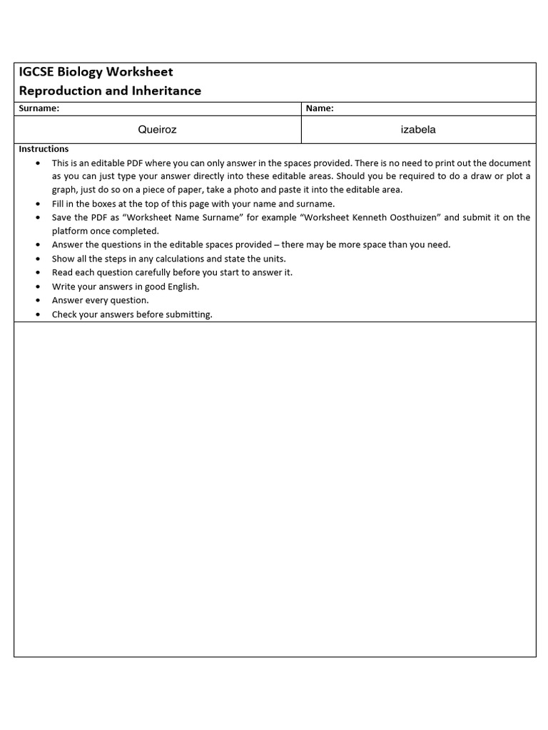 Izabela Queiroz Worksheet 5 Reproduction and Inheritance 2 | PDF ...