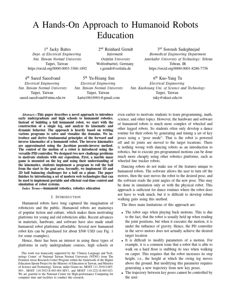 A Hands-On Approach To Humanoid Robots Education | PDF | Robotics