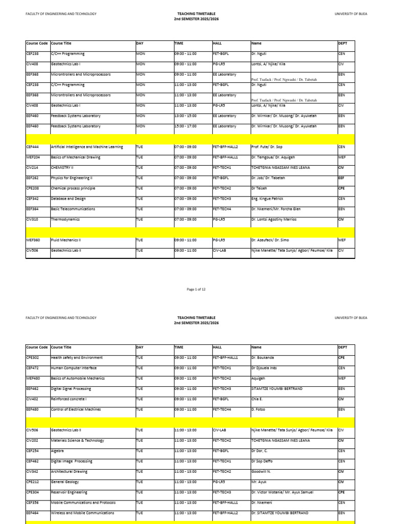 #Final# Fet 2nd Timetable 2025 2026 | PDF | Engineering | Computing
