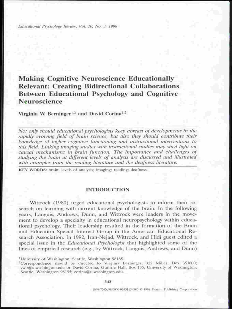 Berninger Corina 1998 Neuroscience Education Ampliatoria | PDF