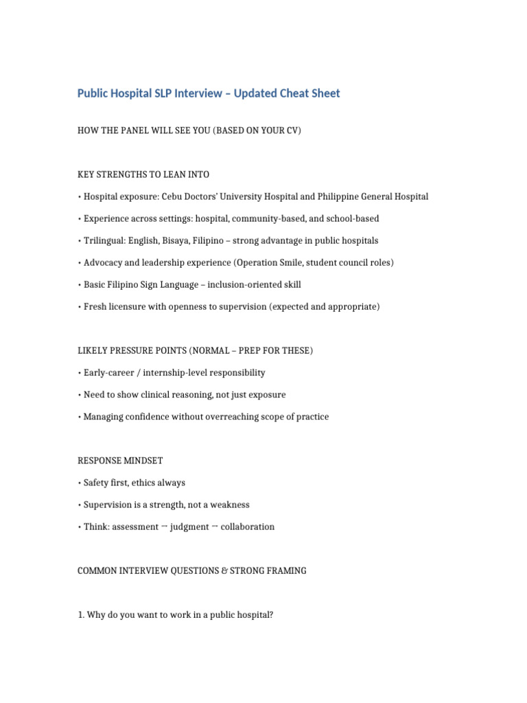 v2 Public Hospital SLP Interview Cheat Sheet UPDATED | PDF | Health Care