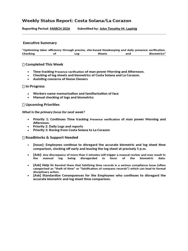 Weekly Status Report | PDF