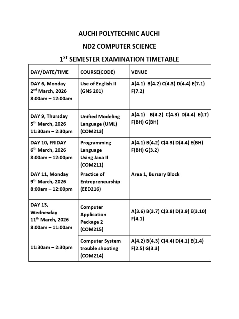 The Nd2 First Semester Exam Timetable | PDF