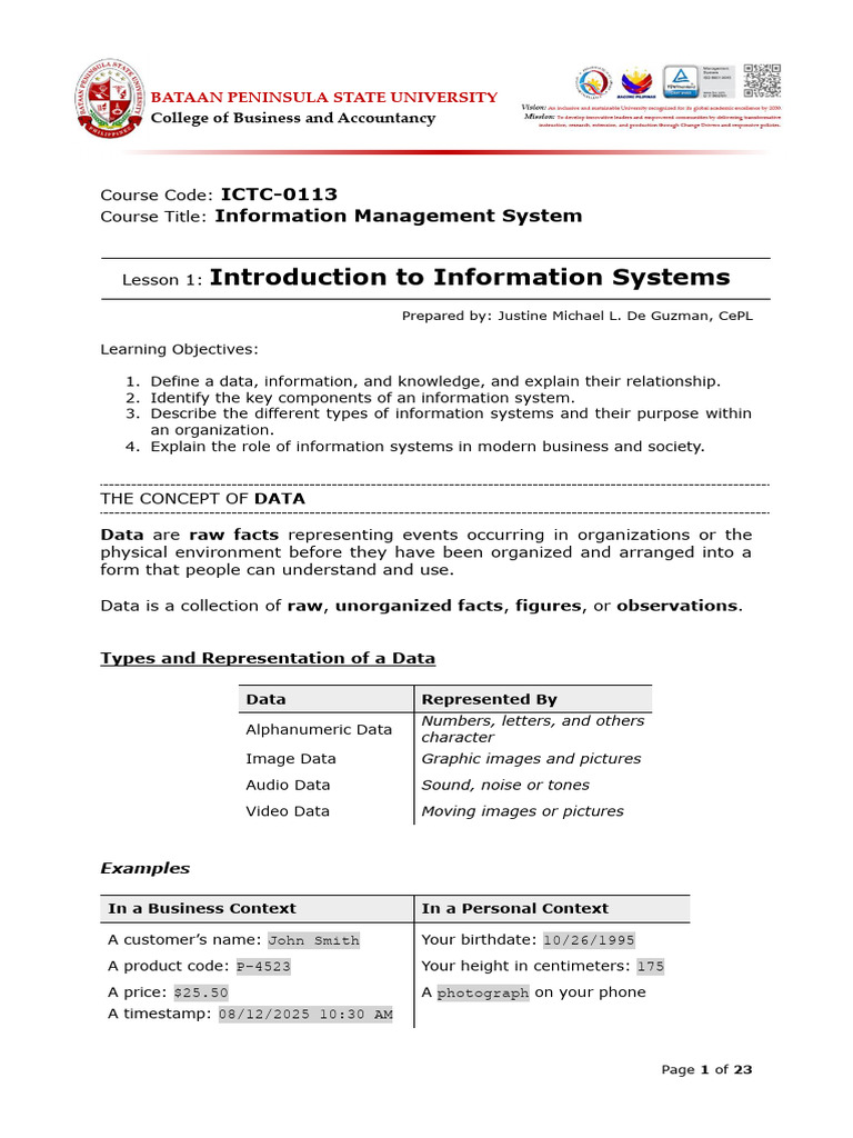 Lesson 1 Introduction To Information Systems | PDF | Databases | Point ...
