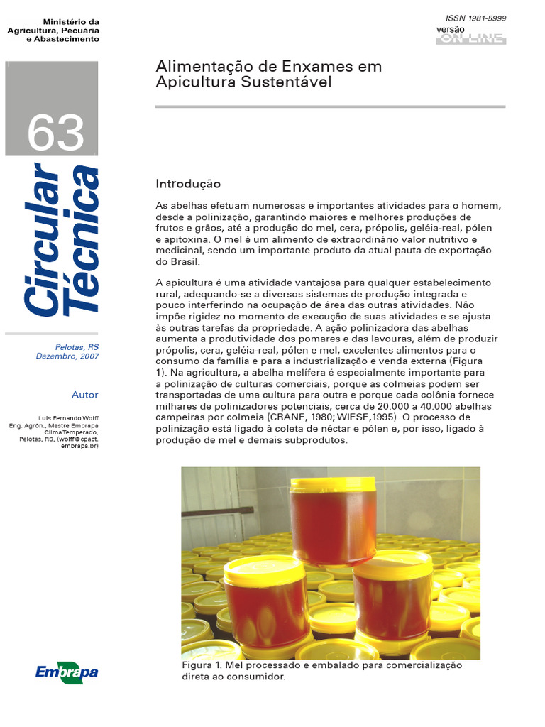 Alimentação de Enxames em Apicultura Sustetável CT63 EMBRAPA 14p. | PDF ...