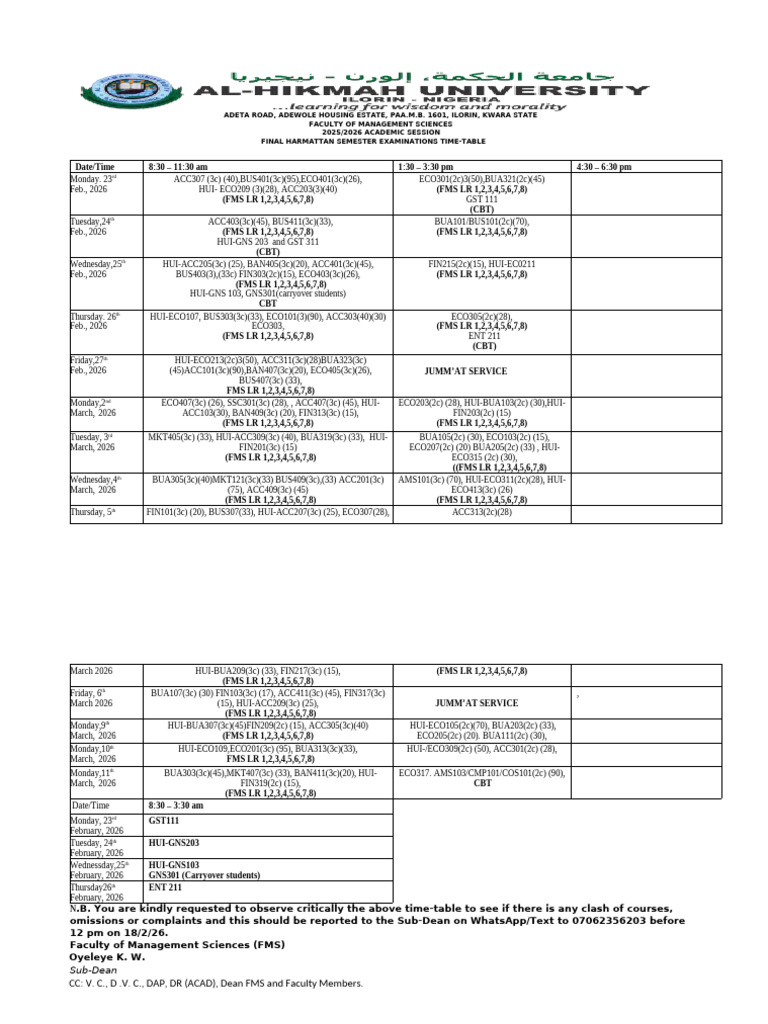 Fms 1st Semester Final Exam Time-Table 2025-2026. | PDF | Military ...