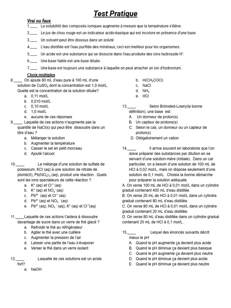 Test Pratique SCH3U Unité 4 2026 | PDF | Ph | Cadmium