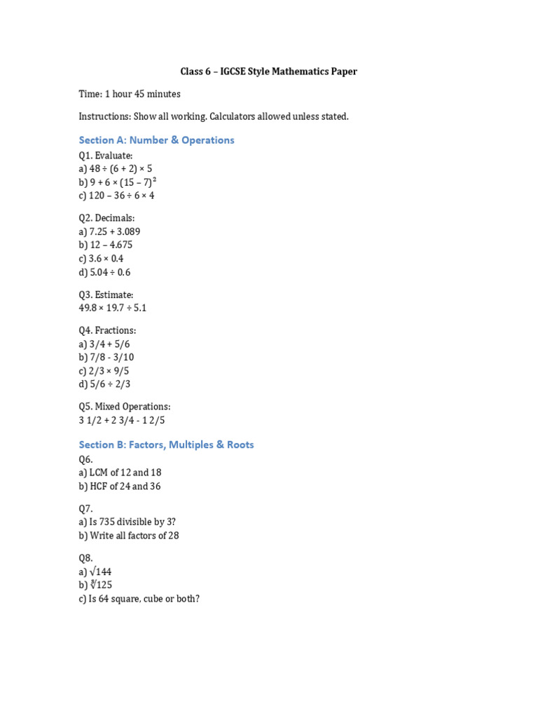 Class 6 IGCSE Maths Paper | PDF