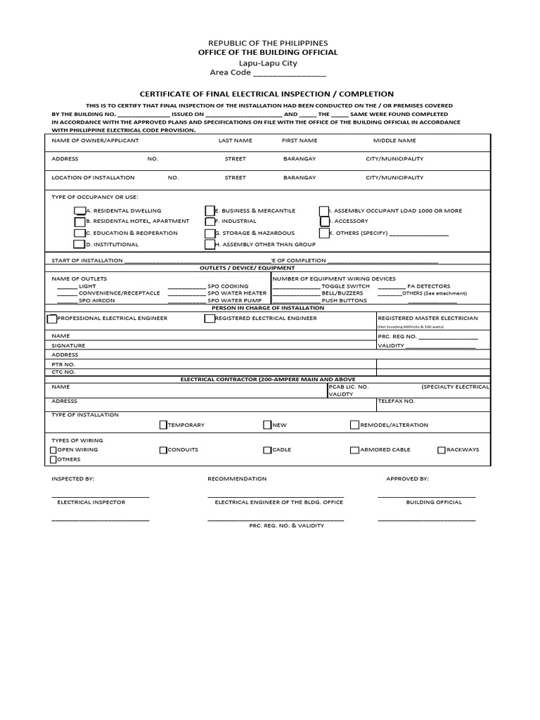 Certificate of Completion Electrical | PDF | Electrical Wiring ...
