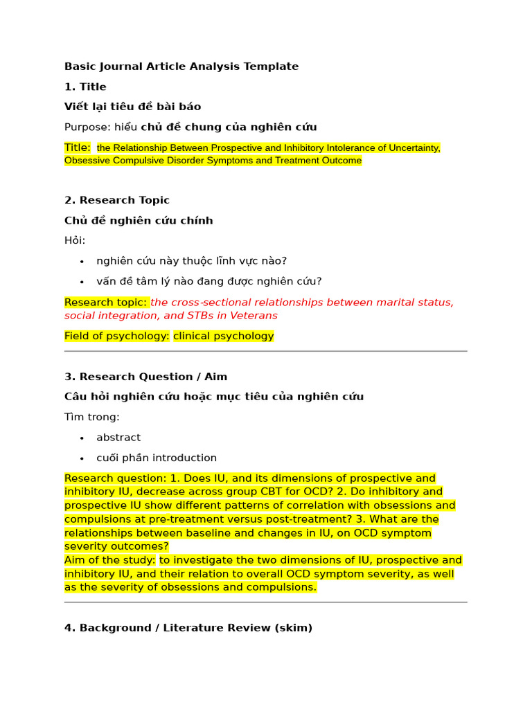 Basic Journal Article Analysis Template | PDF | Obsessive–Compulsive ...