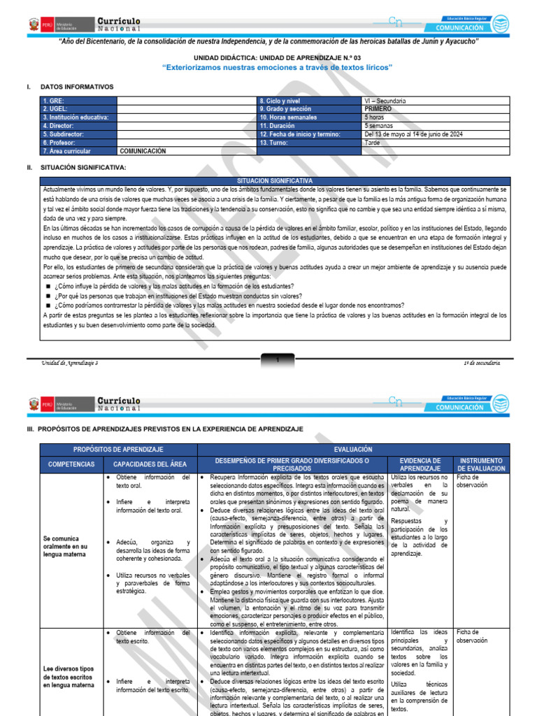 3 - Tercera Unidad AS - CNEB-1° | PDF | Aprendizaje | Información