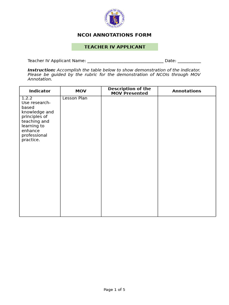NCOI Annotations Form For Teacher IV Applicant | PDF | Teachers | Learning