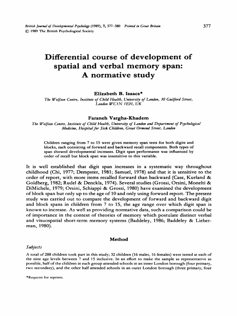 1989 - Differential Course of Development of Digit and Spatial Memory ...