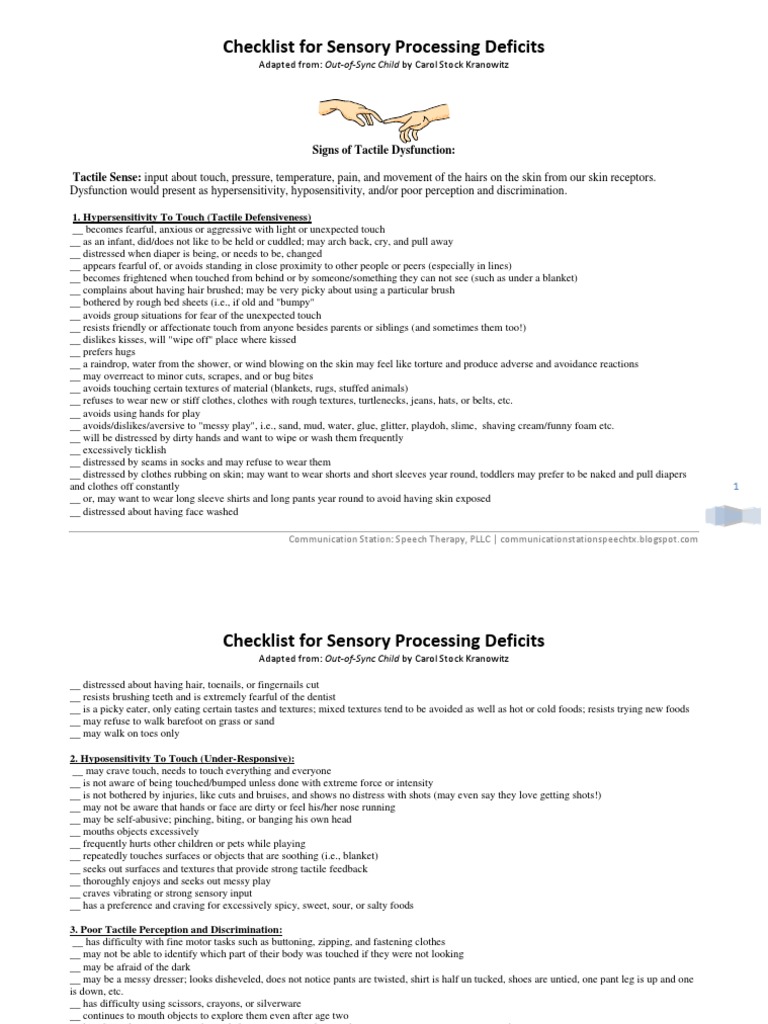 Sensory Processing Disorder Checklist Odor Somatosensory System