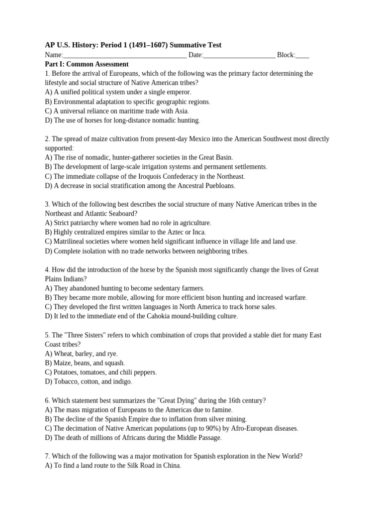 APUSH Period 1 Test | PDF | European Colonization Of The Americas ...