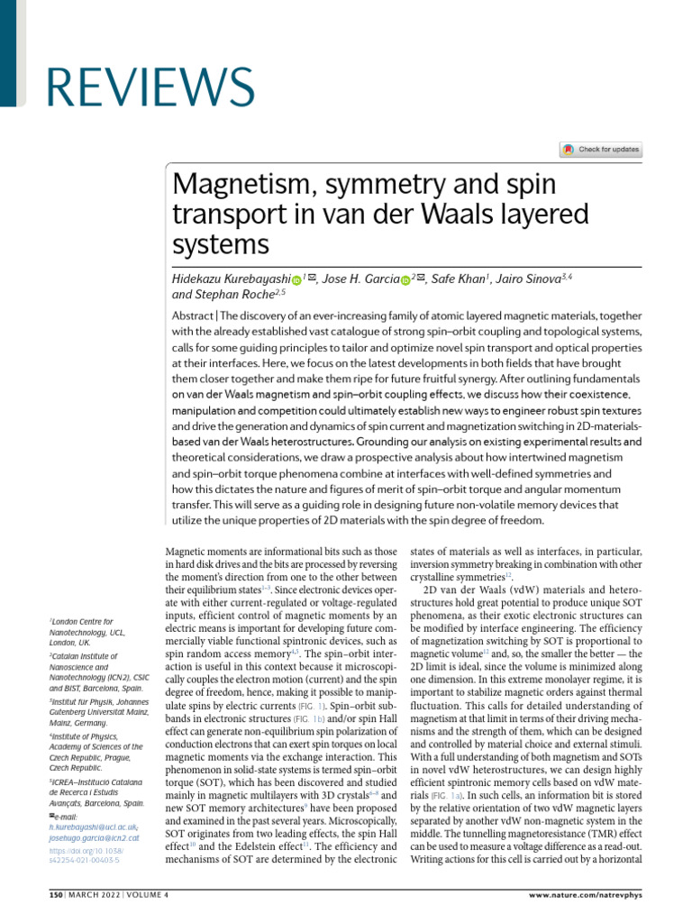 Nat Rev Phy Magnetism, Symmetry and Spin Transport in Van Der Waals ...