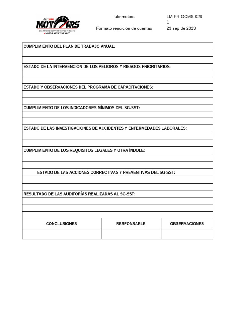 LM-FR-GCMS-026 Formato Informe Rendicion de Cuentas | PDF