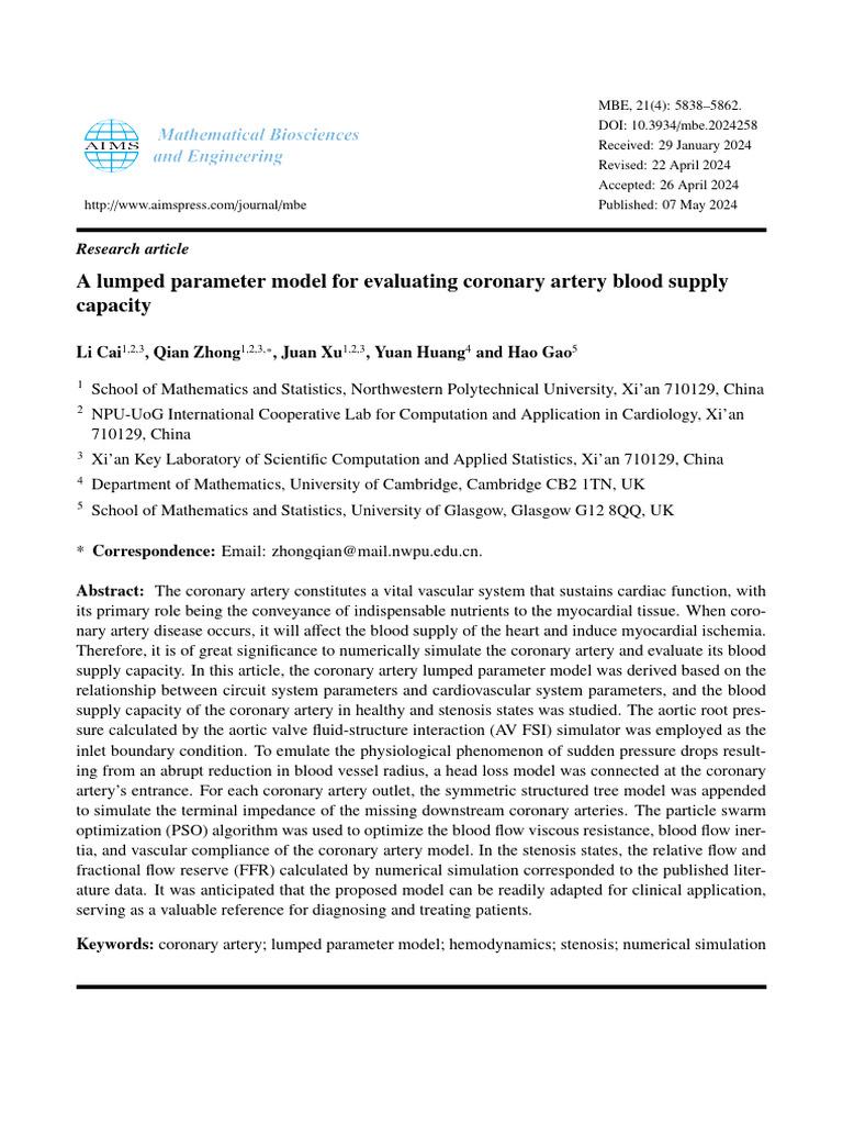 A Lumped Parameter Model For Evaluating Coronary Artery Blood Suply ...