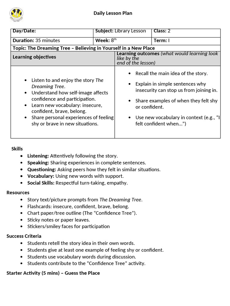 Library Lesson Plan 1 Week 6 2 | PDF | Vocabulary | Cognition
