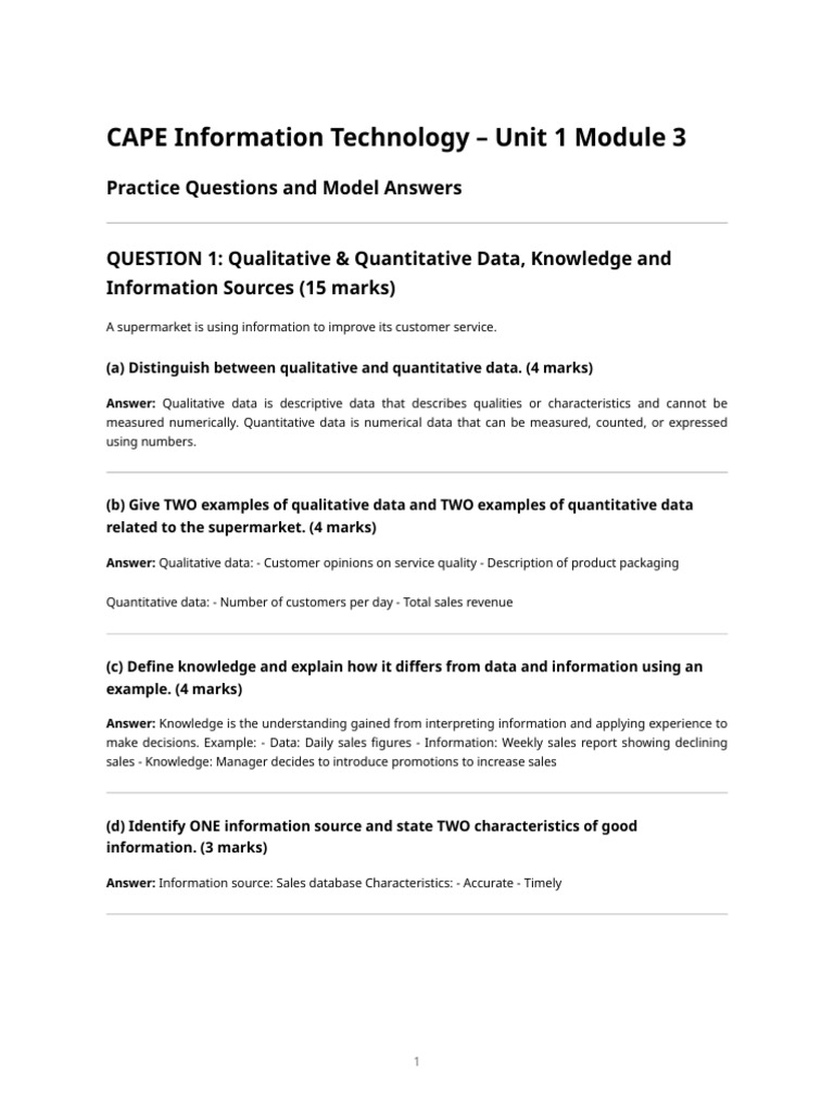 Cape It Unit 1 Module 3 - Practice Questions & Answers | PDF | Data ...