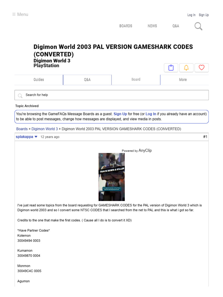 Digimon World 2003 Pal Version Gameshark Codes (Converted) - Digimon ...