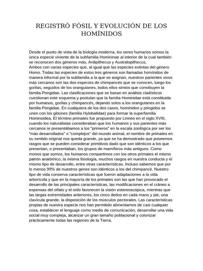 Registró Fósil y Evolución de Los Homínidos | PDF | Mono | Hominidae