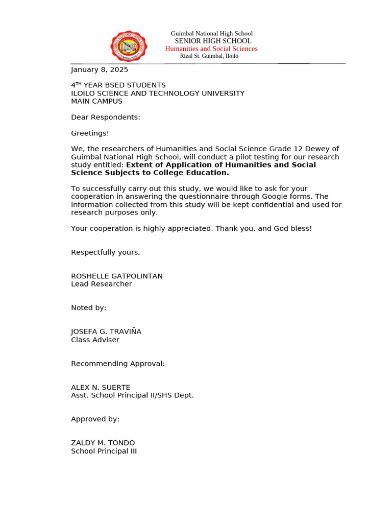 Letter For Pilot Testing | PDF